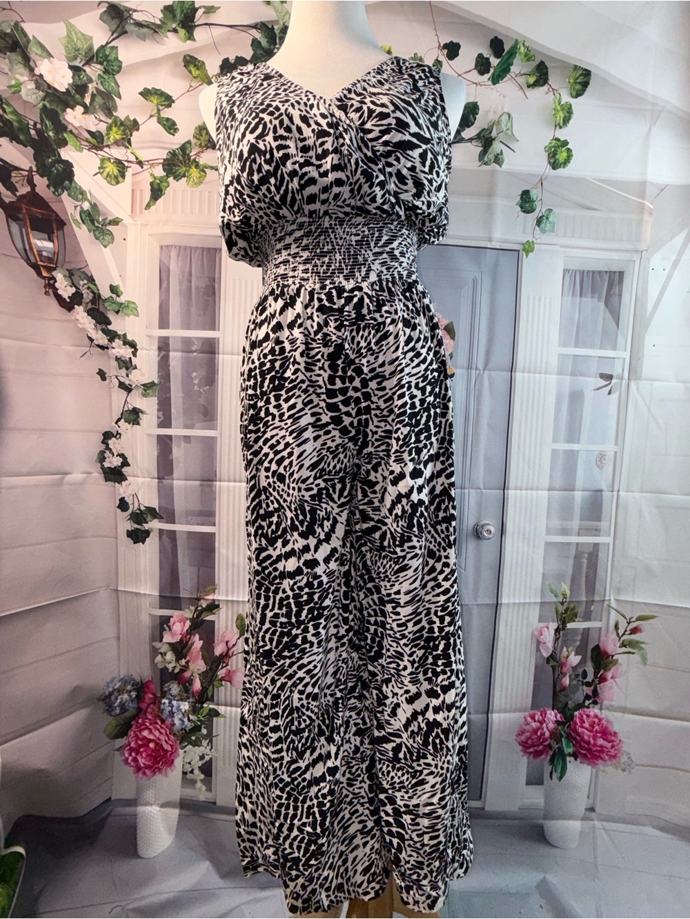 1037-blue island Black & White Animal Print Sleeveless Jumpsuit